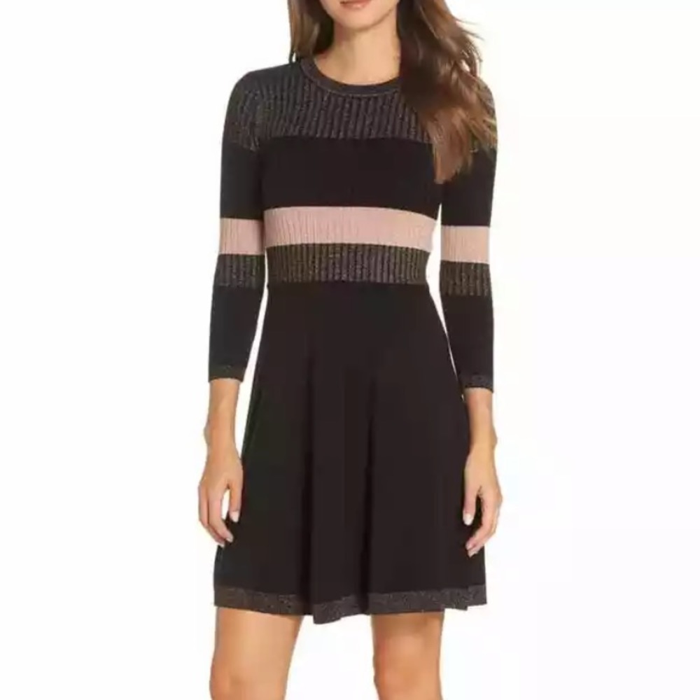 Eliza J Ribbed Shimmer Knit Fit and Flare A Line Sweater Dress Medium